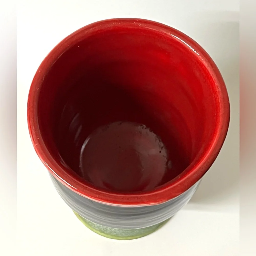 Handmade Studio Art Pottery Ceramic Red Brown Green Flower Vase Signed 5.5